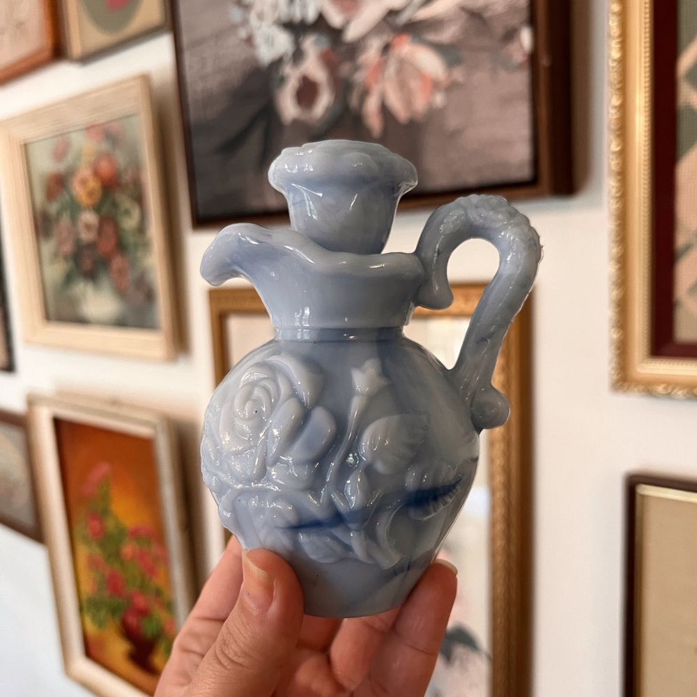 Vintage 1978 Avon blue milk glass cottage core pitcher decor